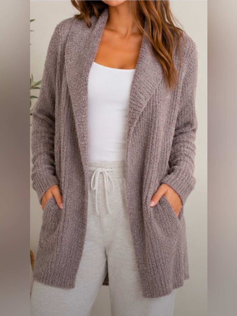 Barefoot Dreams CozyChic Lite Taupe Open Front Cardigan Shawl Collar Small